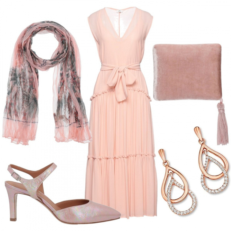 Outfit donna - Matrimonio rosa. Stile Bon Ton per Cerimonia. Abbinamento con vestiti lunghi, décolleté, sciarpe, orecchini, pochette.