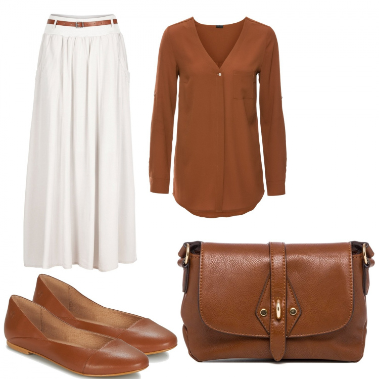 Outfit donna - Trendy in colori naturali. Stile Trendy per Tutti i giorni. Abbinamento con camicie, gonne lunghe, ballerine, borse a tracolla.
