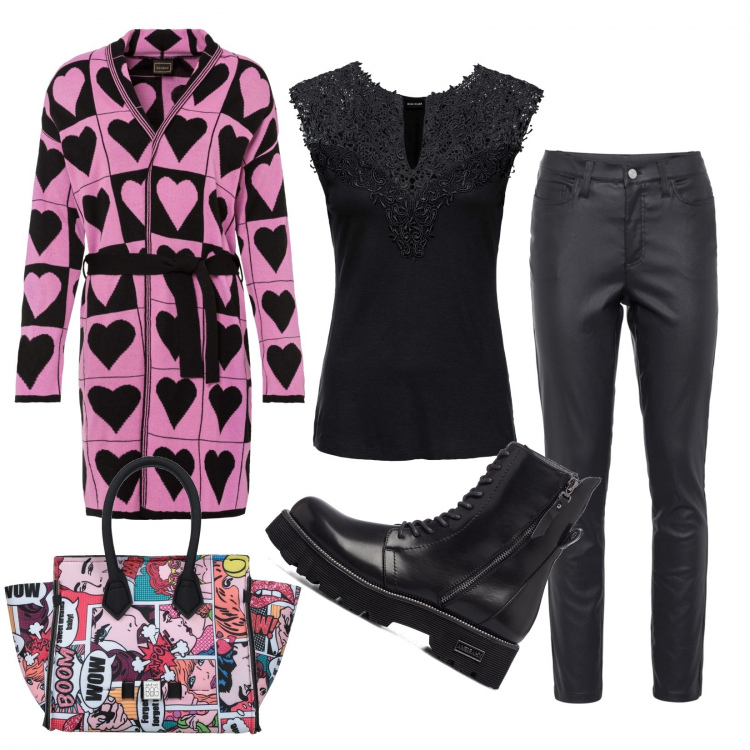 Outfit donna - Curvy pop art. Stile Trendy per Tutti i giorni. Abbinamento con top, cardigans, pantaloni skinny, borse a mano, anfibi.