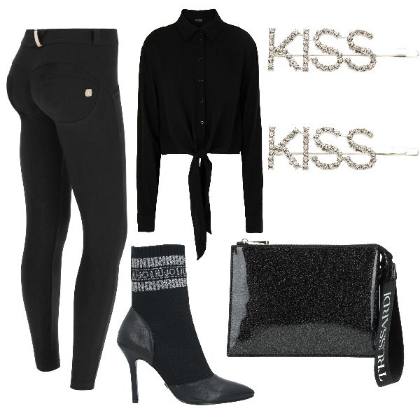 Outfit donna - Tendenza Athleisure Freddy. Stile Sexy per Serata fuori. Abbinamento con stivaletti, borse a mano, accessori per capelli, camicie, pantaloni skinny.