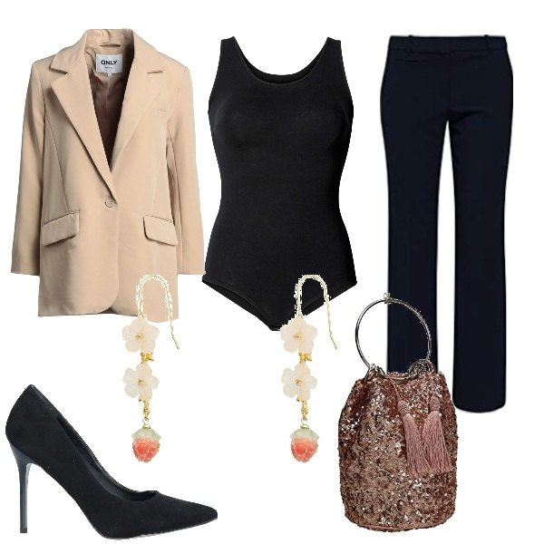 Outfit donna - In ufficio. Stile Basic per Ufficio. Abbinamento con body, décolleté, blazer, orecchini, pantaloni, pochette.