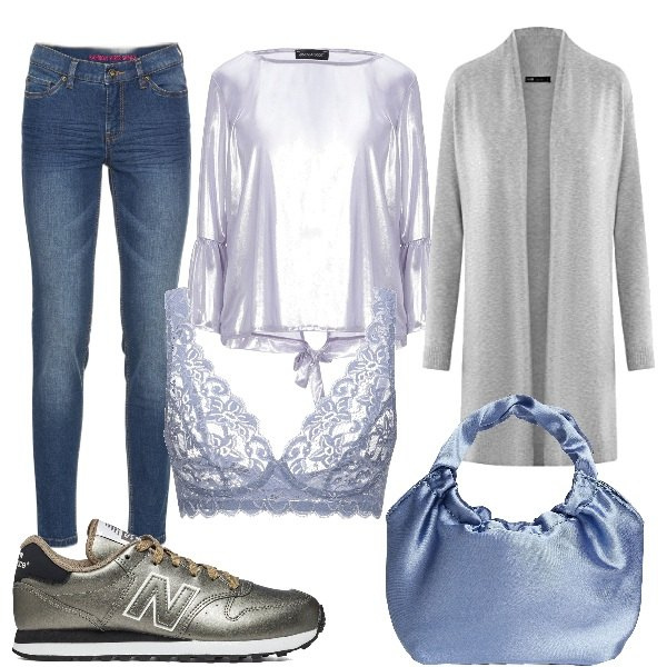 Outfit donna - Venerdì casual. Stile Minimal per Ufficio. Abbinamento con jeans skinny, bluse, reggiseni, borse a mano, sneakers, cardigans.
