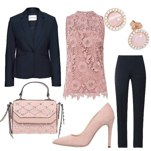Outfit donna - Cerimonia informale. Stile Romantica per Cerimonia. Abbinamento con blazer, top, pantaloni, décolleté, borse a mano, orecchini.
