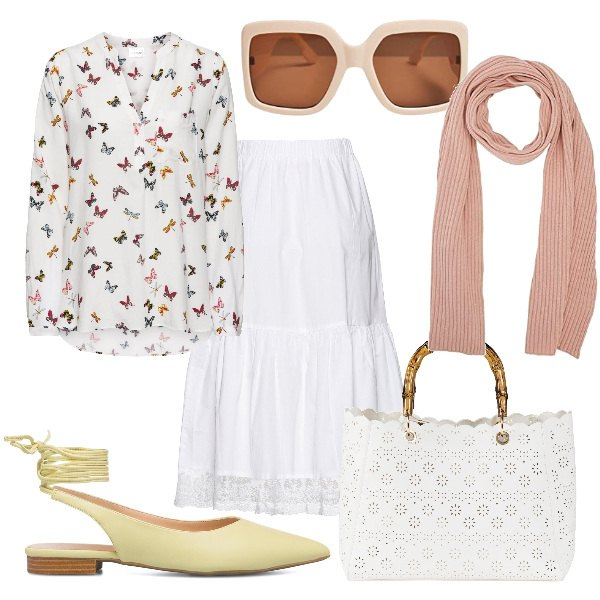 Outfit donna - Total look #1304769. Stile Romantica per Tutti i giorni. Abbinamento con bluse, borse a mano, gonne, ballerine, sciarpe, occhiali da sole.