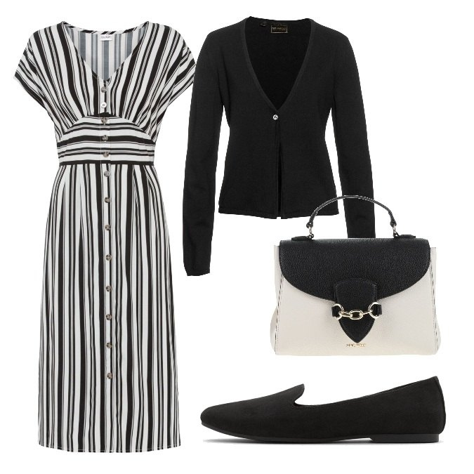Outfit donna - Black and white. Stile Trendy per Ufficio. Abbinamento con vestiti, cardigans, borse a mano, ballerine.