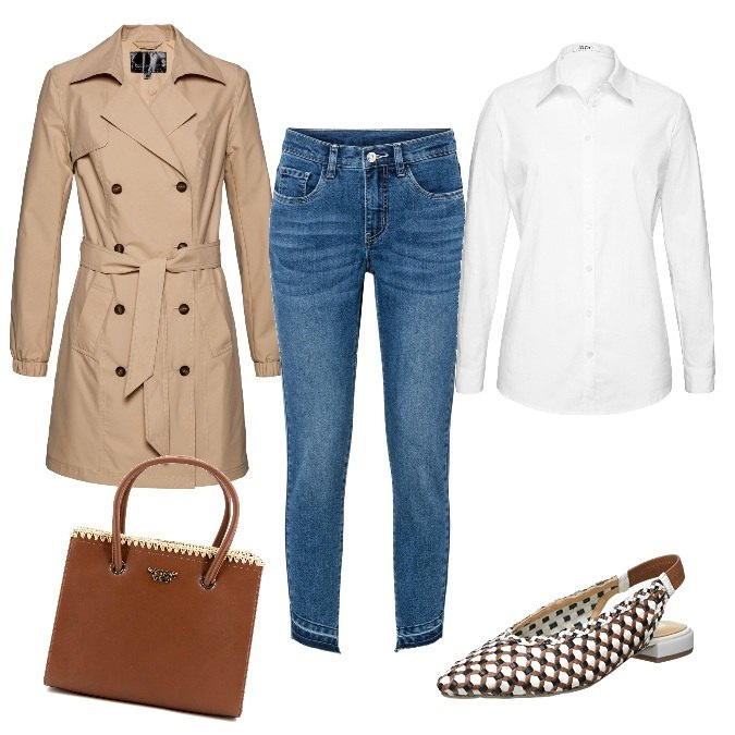 Outfit donna - Slingback intrecciate. Stile Trendy per Ufficio. Abbinamento con camicie, trench, jeans skinny, borse a mano, ballerine.