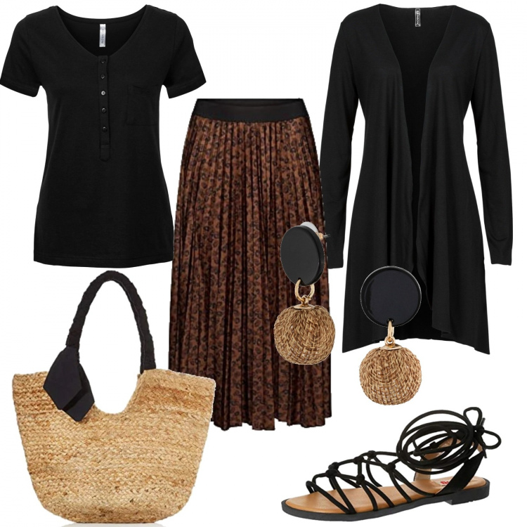 Outfit donna - Sofisticata. Stile Trendy per Tutti i giorni. look ideale per Tall. Abbinamento con cardigans, t-shirt, orecchini, gonne, sandali col tacco, borse tote.