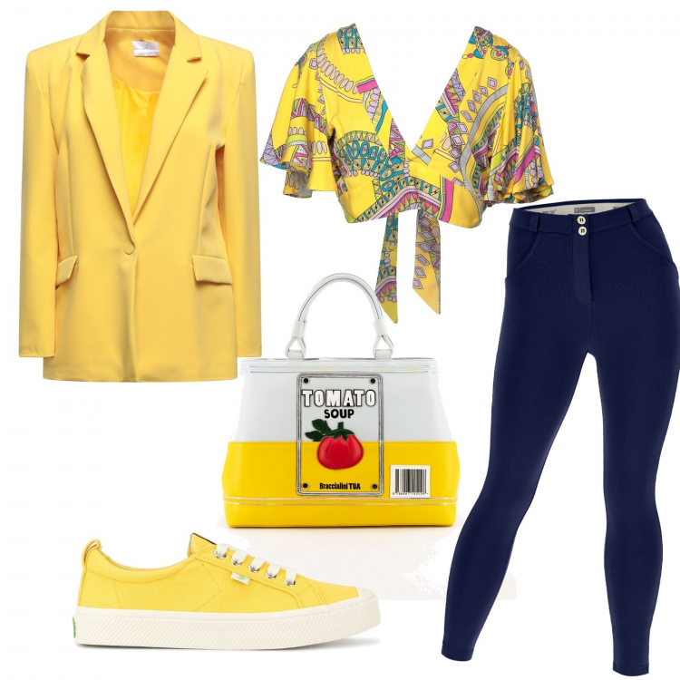 Outfit donna - 100% sostenibile. Stile Sporty chic per Scuola/Università. Abbinamento con blazer, top, pantaloni skinny, borse a mano, sneakers.