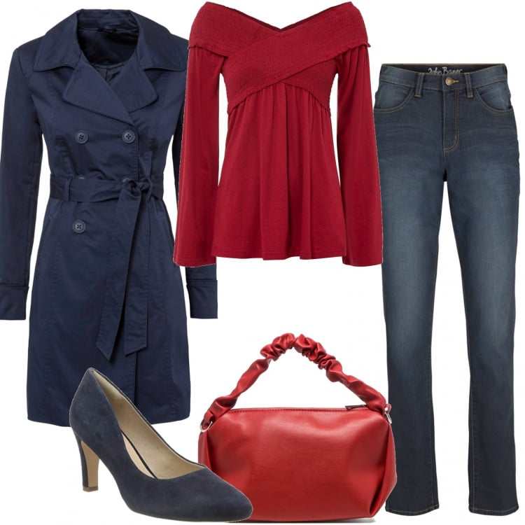 Outfit donna - Bella di venerdì. Stile Casual chic per Serata fuori. Abbinamento con trench, maglieria, jeans dritti, borse a mano, scarpe col tacco.