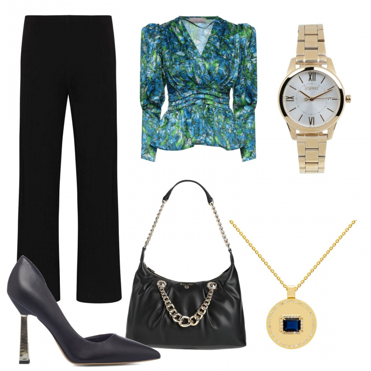 Outfit donna - Semplicemente donna. Stile Chic per Serata fuori. Abbinamento con bluse, collane, borse a mano, orologi, pantaloni a palazzo, décolleté.