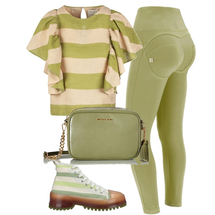 Outfit donna - Primavera Freddy. Stile Casual per Tutti i giorni. Abbinamento con sneakers, bluse, pantaloni skinny, borse a tracolla.