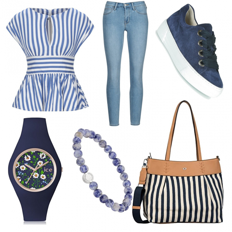 Outfit donna - Esami di maturità. Stile Sporty chic per Scuola/Università. Abbinamento con bluse, sneakers, jeans skinny, orologi, braccialetti, shopping bag.