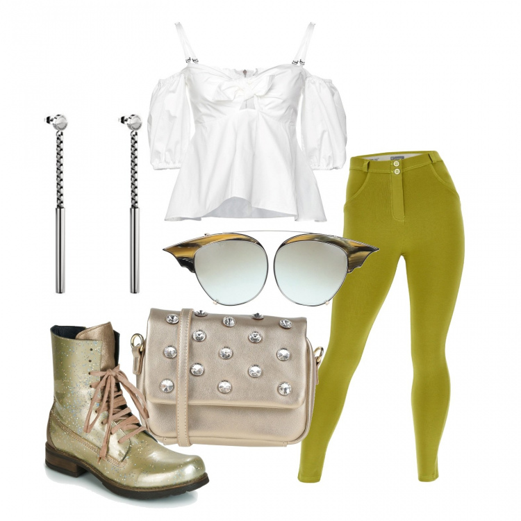 Outfit donna - Freddy (RE)MOVE Special Contest. Stile Casual chic per Tutti i giorni. Abbinamento con borse a tracolla, bluse, occhiali da sole, stivaletti, pantaloni skinny, orecchini.