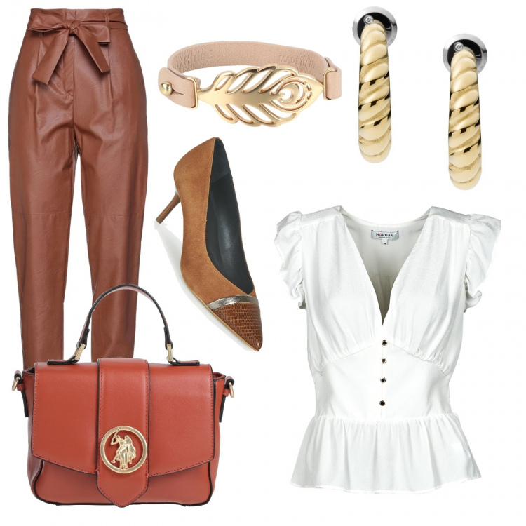 Outfit donna - Classica. Stile Glamour per Serata fuori. Abbinamento con pantaloni, borse a mano, orecchini, braccialetti, camicie, décolleté.