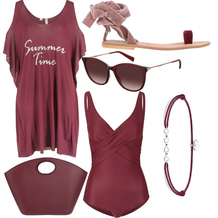 Outfit donna - Rosso di ....mare. Stile Chic per Mare. Abbinamento con costumi interi, vestiti da spiaggia, borse a mano, infradito, occhiali da sole, braccialetti.