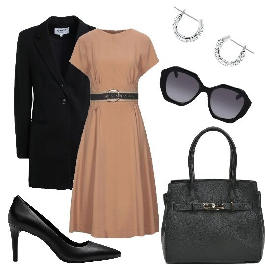 Outfit donna - Beige e nero. Stile Chic per Tutti i giorni. Abbinamento con décolleté, vestiti midi/longuette, blazer, borse a mano, occhiali da sole, orecchini.