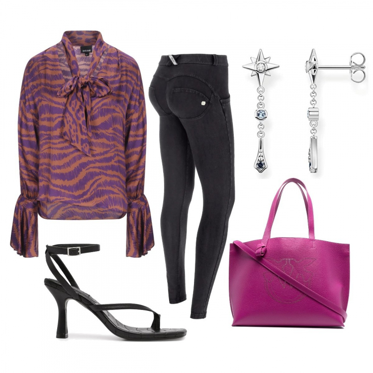 Outfit donna - Viola e arancio. Stile Casual chic per Tutti i giorni. Abbinamento con bluse, borse tote, sandali col tacco, jeggings, orecchini.