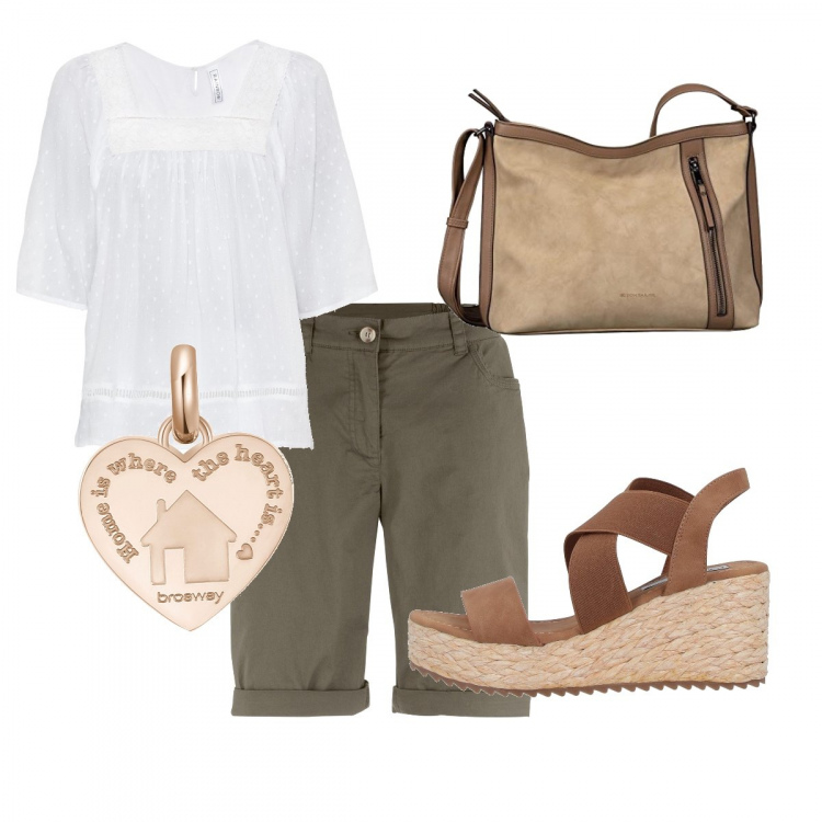Outfit donna - Passeggiata in primavera. Stile Casual per Tutti i giorni. Abbinamento con bermuda, bluse, sandali col tacco, ciondoli, borse a spalla.