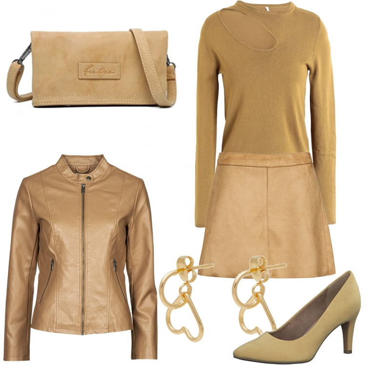 Outfit donna - Cena in osteria con amici. Stile Trendy per Serata fuori. Abbinamento con pullovers, orecchini, giacche, minigonne, scarpe col tacco, pochette.