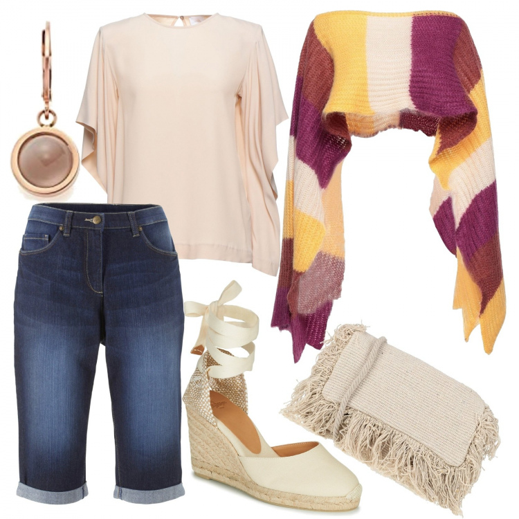 Outfit donna - I pinocchietti di jeans e la mantellina. Stile Urban per Tutti i giorni. Abbinamento con bermuda, bluse, cappe, borse a tracolla, sandali, orecchini.