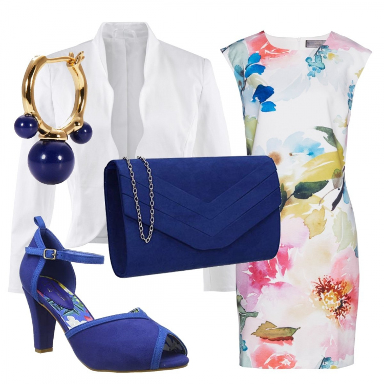Outfit donna - Petali in fiore. Stile Chic per Cerimonia. Abbinamento con blazer, vestiti a tubino, orecchini, scarpe col tacco, pochette.