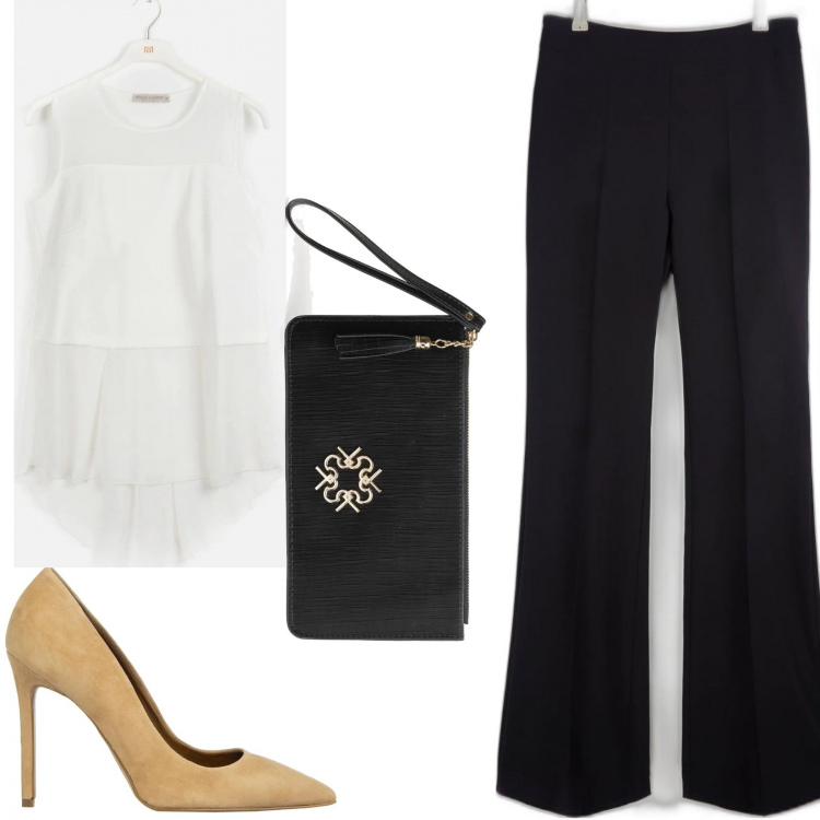 Outfit donna - Décolleté beige. Stile Chic per Serata fuori. Abbinamento con top, pantaloni, portafogli, scarpe col tacco.