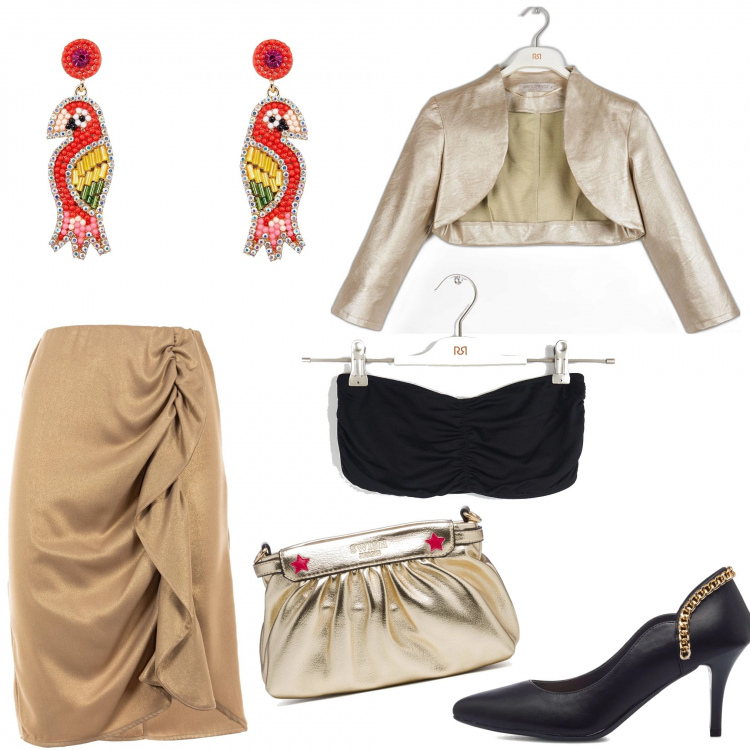 Outfit donna - Cerimonia low cost. Stile Sexy per Cerimonia. Abbinamento con orecchini, top, bolero, minigonne, clutch, décolleté.