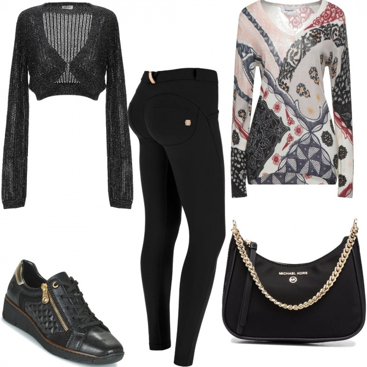 Outfit donna - Sporty-chic in ufficio. Stile Sporty chic per Ufficio. Abbinamento con pullovers, cardigans, sneakers, borse tote, pantaloni skinny.