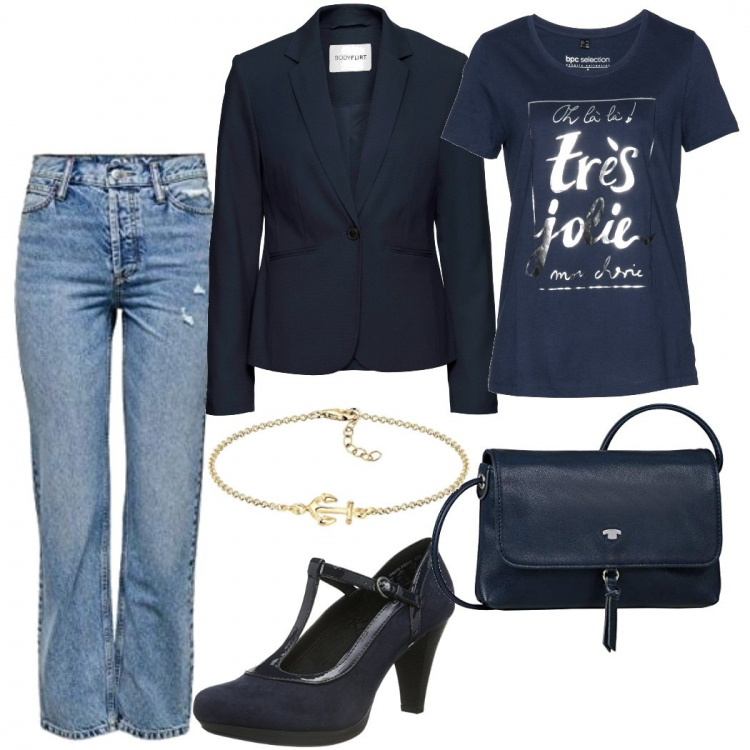 Outfit donna - Mannish #494. Stile Mannish per Ufficio. Abbinamento con blazer, t-shirt, jeans, scarpe col tacco, borse a spalla, braccialetti.
