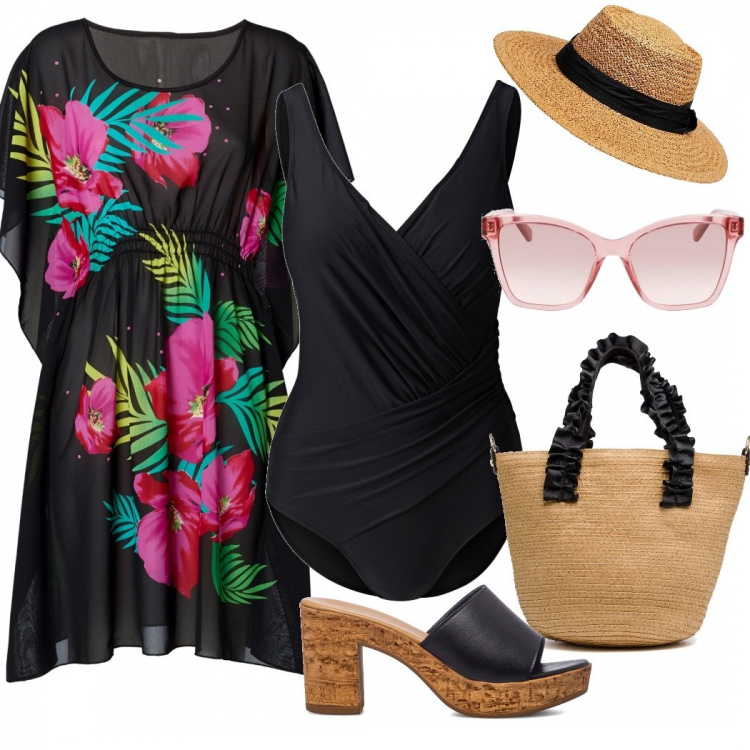 Outfit donna - Pranzo al chiringuito. Stile Casual per Mare. Abbinamento con cappelli, costumi interi, vestiti da spiaggia, sandali in pelle, borse a mano, occhiali da sole.