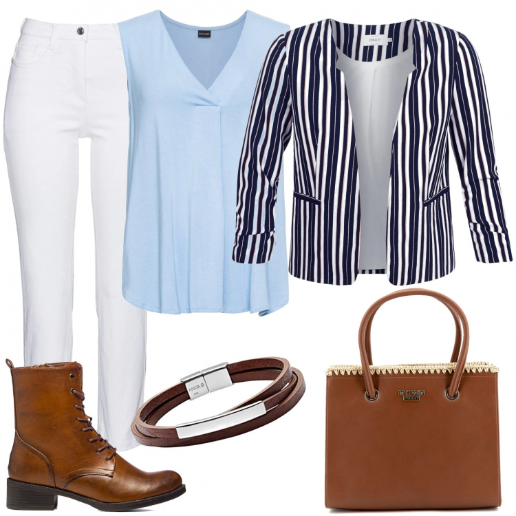 Outfit donna - Aprile. Stile Urban per Tutti i giorni. Abbinamento con top, pantaloni, giacche, borse a mano, anfibi, braccialetti.