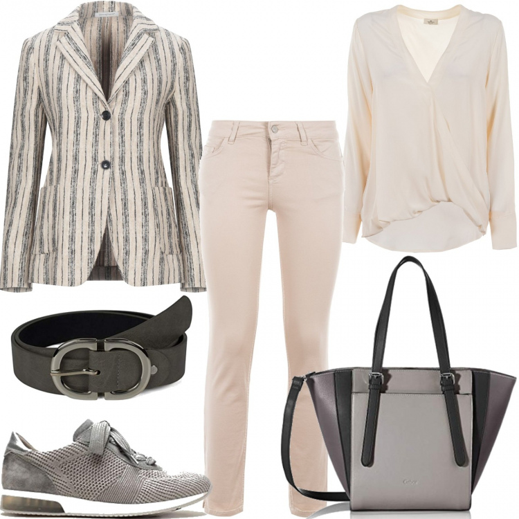 Outfit donna - Speciale buongiorno. Stile Casual chic per Ufficio. Abbinamento con blazer, bluse, jeans, sneakers, shopping bag, cinture.
