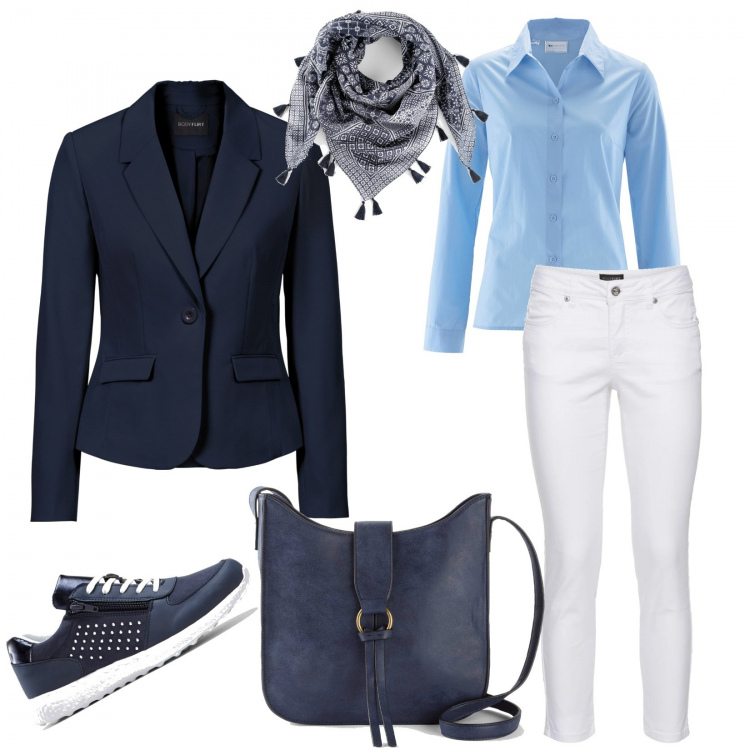 Outfit donna - Focus sull\'elegante giacca blu. Stile Casual chic per Tutti i giorni. Abbinamento con blazer, pantaloni, camicie, sneakers, borse a tracolla, foulard.