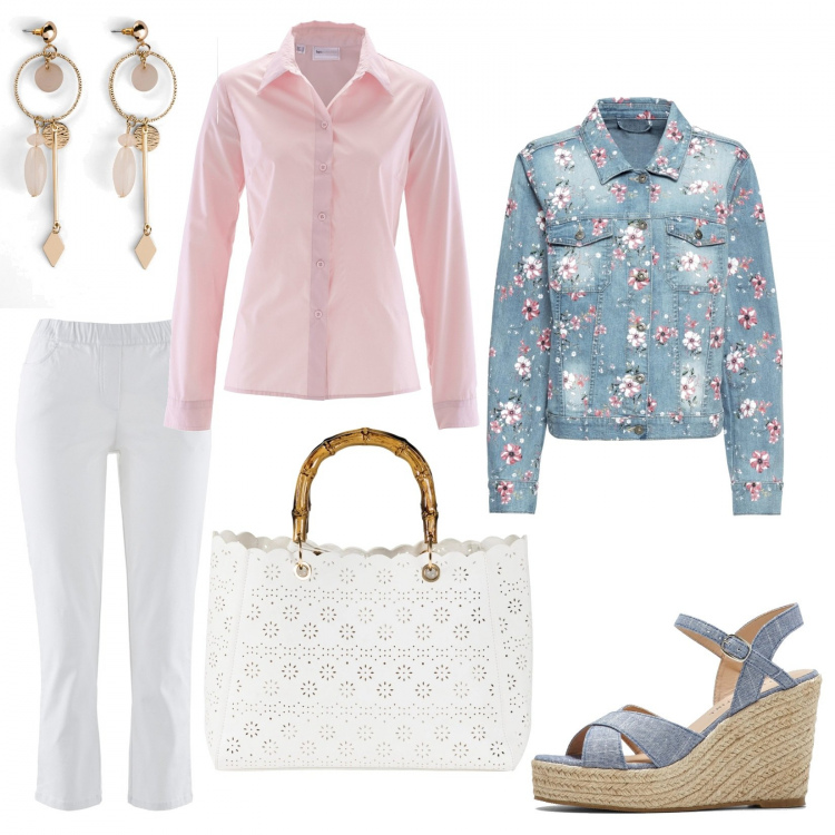 Outfit donna - Delicatezza e femminilità. Stile Casual chic per Tutti i giorni. Abbinamento con pantaloni, orecchini, giacche, sandali, camicie, borse a mano.