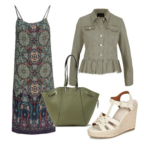 Outfit donna - Verde oliva. Stile Etnico per Tutti i giorni. Abbinamento con vestiti, giacche, sandali gioiello, borse a secchiello.