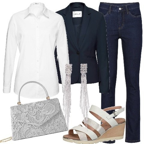 Outfit donna - La camicia casual chic. Stile Casual chic per Tutti i giorni. Abbinamento con jeans, blazer, camicie, orecchini, sandali in pelle, borse a mano.