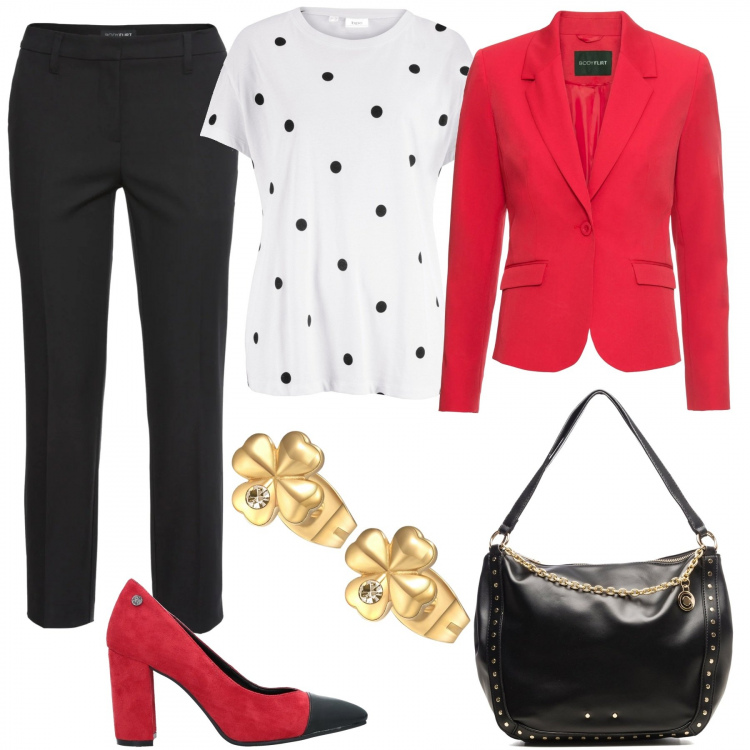 Outfit donna - Trendy e chic. Stile Trendy per Tutti i giorni. Abbinamento con pantaloni, blazer, maglieria, décolleté, orecchini, borse a spalla.