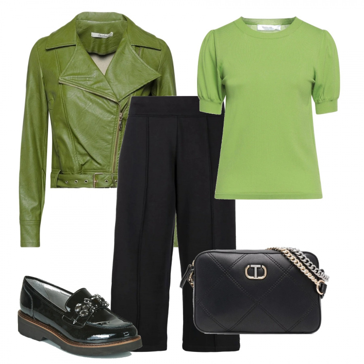 Outfit donna - Total look #1306332. Stile Casual chic per Tutti i giorni. Abbinamento con mocassini, pantaloni a palazzo, borse a tracolla, pullovers, giacche.
