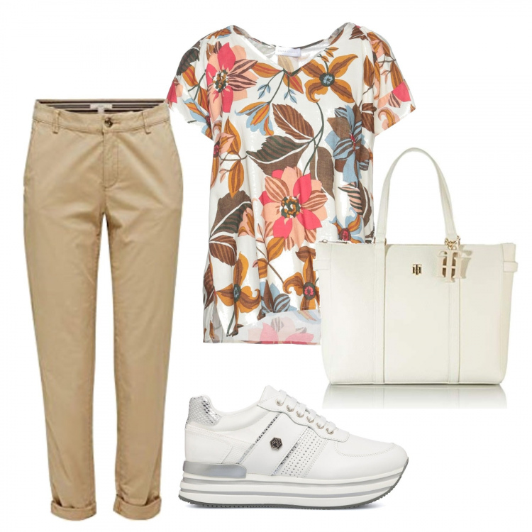 Outfit donna - Total look #1306351. Stile Trendy per Tutti i giorni. Abbinamento con sneakers alte, bluse, pantaloni chino, borse tote.