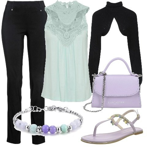 Outfit donna - Il verde menta!. Stile Chic per Cerimonia. Abbinamento con pantaloni, top, bolero, borse a mano, braccialetti, sandali.