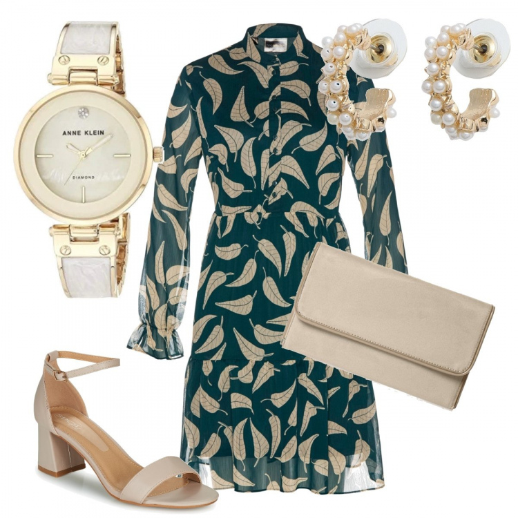 Outfit donna - Cerimonia primaverile low cost. Stile Chic per Cerimonia. Abbinamento con vestiti, orecchini, décolleté, pochette, orologi analogici.