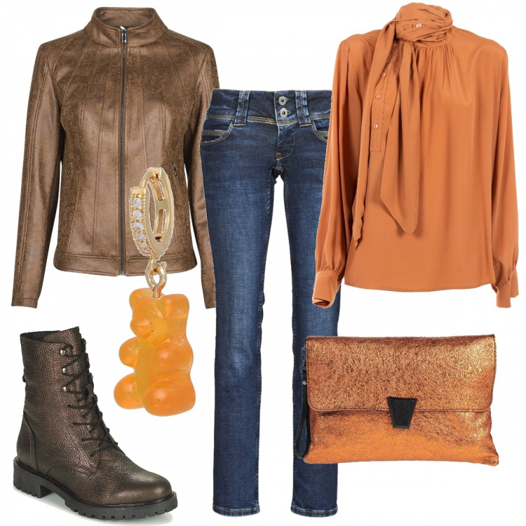 Outfit donna - Camicia casual chic orange. Stile Casual chic per Serata fuori. Abbinamento con borse a mano, orecchini, giacche, camicie, jeans, stivaletti.