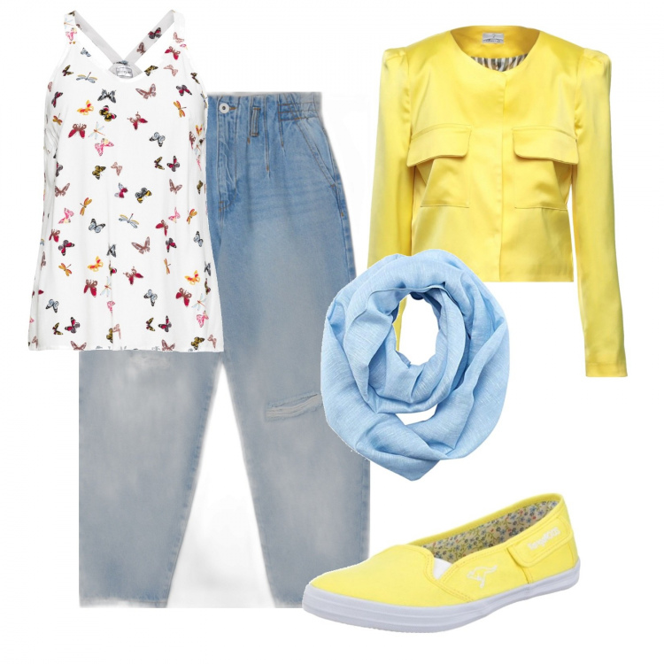 Outfit donna - Ritorna la primavera. Stile Casual per Tutti i giorni. Abbinamento con top, blazer, jeans strappati, ballerine, sciarpe.