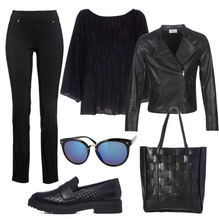 Outfit donna - In ufficio con grinta. Stile Trendy per Ufficio. Abbinamento con pantaloni, giacche, bluse, mocassini, shopping bag, occhiali da sole.