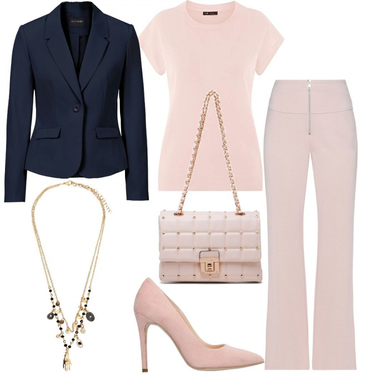 Outfit donna - Cerimonia informale. Stile Casual chic per Cerimonia. Abbinamento con blazer, pantaloni, décolleté, collane, borse a tracolla, t-shirt.