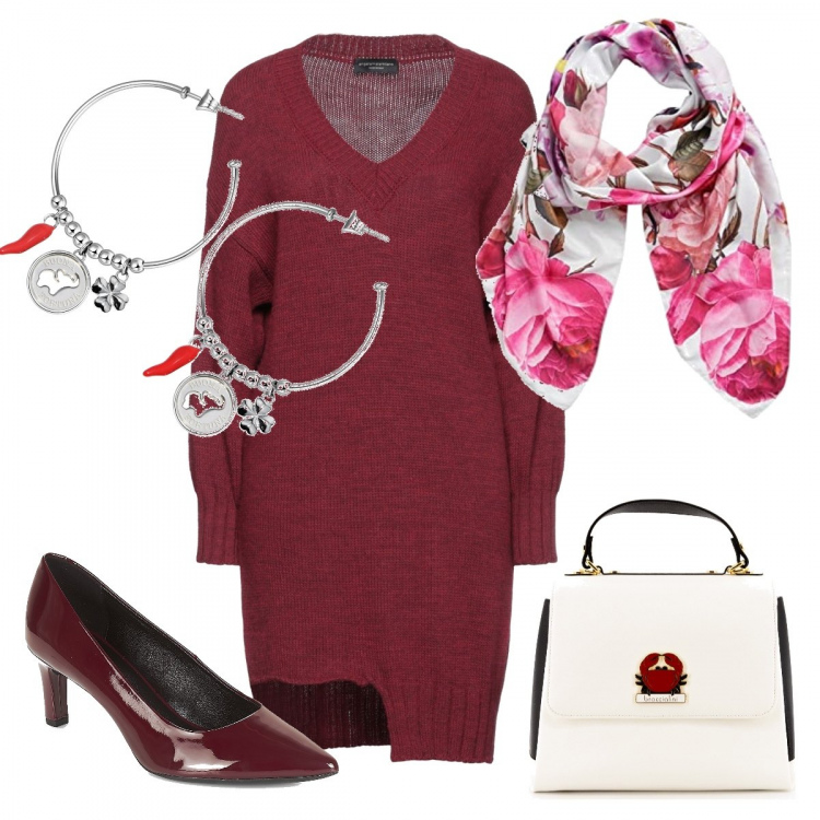 Outfit donna - Woman in red. Stile Trendy per Ufficio. Abbinamento con vestiti corti, borse a mano, décolleté, orecchini, sciarpe.