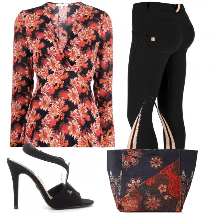 Outfit donna - Nature is life. Stile Basic per Serata fuori. Abbinamento con bluse, pantaloni skinny, sandali col tacco, shopping bag.
