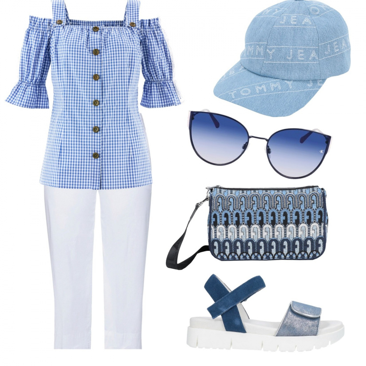 Outfit donna - Teneramente adolescente. Stile Preppy per Mare. Abbinamento con camicie a manica corta, sandali in pelle, cappelli con visiera, borse a tracolla, pantaloni capri, occhiali da sole.