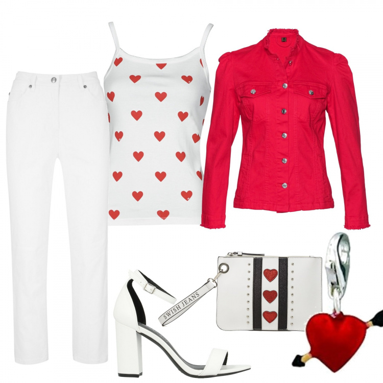 Outfit donna - Sabato pomeriggio. Stile Casual per Tutti i giorni. Abbinamento con pantaloni, blazer, sandali col tacco, top, clutch, ciondoli.