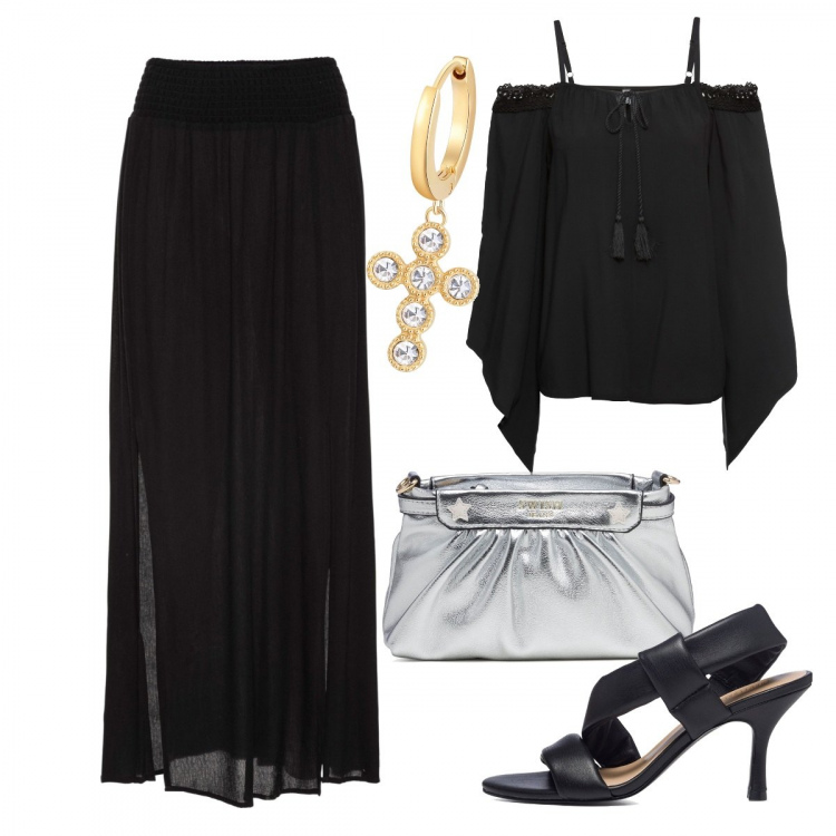 Outfit donna - Nero, argento, oro. Stile Rock per Serata fuori. Abbinamento con gonne lunghe, bluse, orecchini, sandali in pelle, clutch.